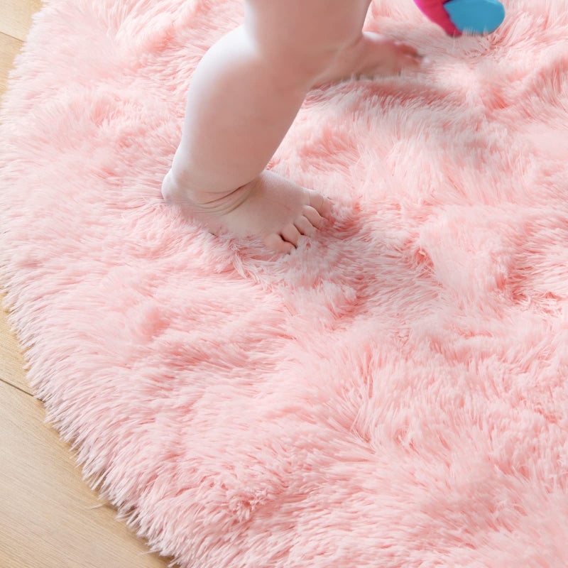 junovo Pink Round Rug 4x4 Feet Fluffy Soft Area Rugs for Kids Girls Room Princess Castle Plush Shaggy Carpet Cute Circle Nursery Rug for Girls Bedroom Baby Home Decor Circular Carpet - Image 5